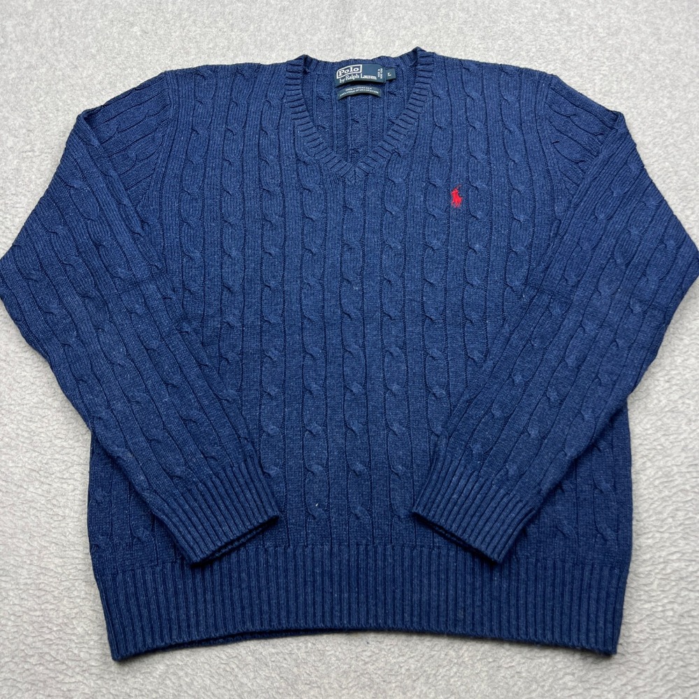 Polo Ralph Lauren Sweater Men Large Blue Cable Knit 100% Silk Tussah V-Neck Pony